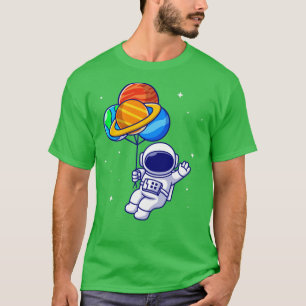 Niedlicher Astronaut, der mit Planetenballons im S T-Shirt