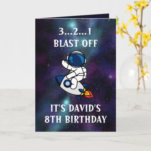 Niedlicher Astronaut Grüne Lila Galaxie 8. Geburts Karte (Gelbe Blume)