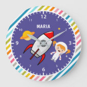 Niedlicher Astronautenraum für Weltraumraketen Große Wanduhr (Vorderseite)