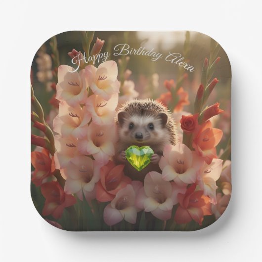 Niedlicher August-Igel mit Peridot-Herz Pappteller (Vorderseite)
