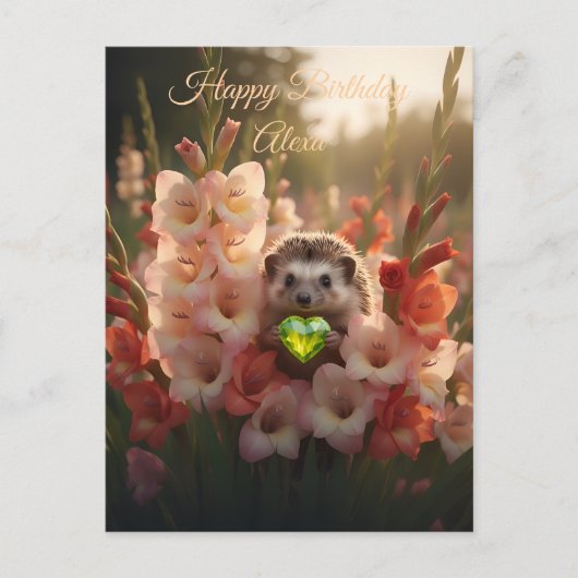 Niedlicher August-Igel mit Peridot-Herz Postkarte (Vorderseite)