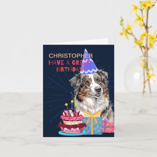 Niedlicher australischer Schäferhund zum Geburtsta Karte (Gelbe Blume)