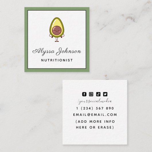 Niedlicher Avocado Kawaii Food Nutritionist Health Quadratische Visitenkarte (Vorne/Hinten)