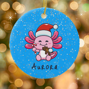 Niedlicher Axolotl mit Weihnachtsmannmütze & Candy Keramik Ornament