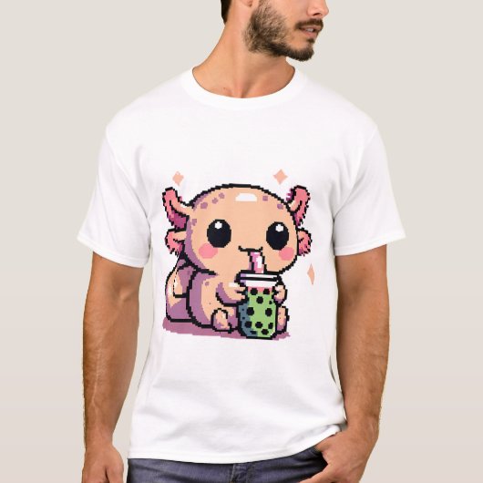Niedlicher Axolotl trinkt Boba Pixel Art T-Shirt (Vorderseite)