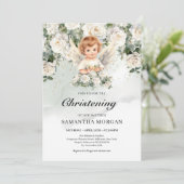 Niedlicher Babelengel Weiße Rosen Grün und Gold Einladung (Stehend Vorderseite)