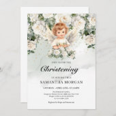 Niedlicher Babelengel Weiße Rosen Grün und Gold Einladung (Vorne/Hinten)