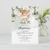 Niedlicher Babelengel Weiße Rosen Grün und Gold Einladung (Stehend Vorderseite)