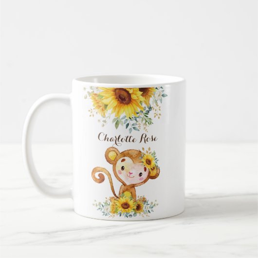 Niedlicher Baby-Affe Boho Wasserfarbe Sonnenblumen Kaffeetasse (Links)