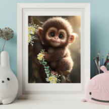 Niedlicher Baby-Affe sitzt auf einer Baumgelb-Blüt