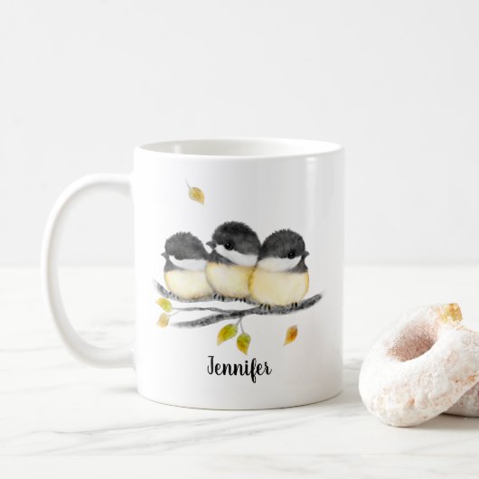 Niedlicher Baby Bird 3 Chickadee auf Baumzweig Kaffeetasse (Mit Donut)