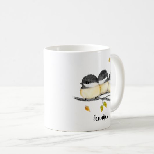 Niedlicher Baby Bird 3 Chickadee auf Baumzweig Kaffeetasse (VorderseiteRechts)
