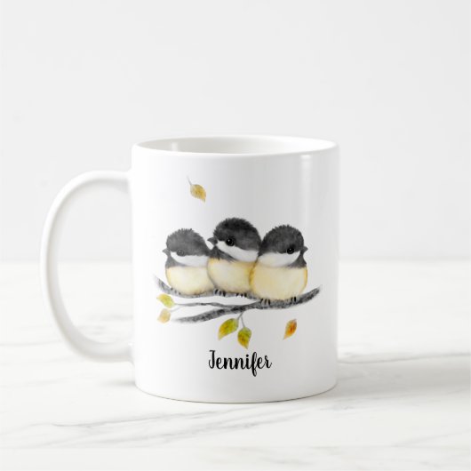 Niedlicher Baby Bird 3 Chickadee auf Baumzweig Kaffeetasse (Links)