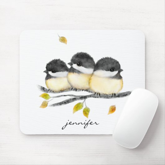 Niedlicher Baby Bird 3 Chickadee auf Baumzweig Mousepad (Mit Mouse)