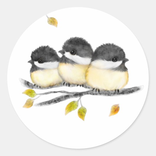 Niedlicher Baby Bird 3 Chickadee auf Baumzweig Runder Aufkleber (Vorderseite)