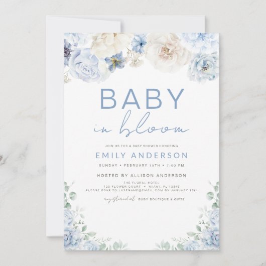 Niedlicher Baby Blue Baby in Bloom Baby Dusche Einladung (Vorderseite)