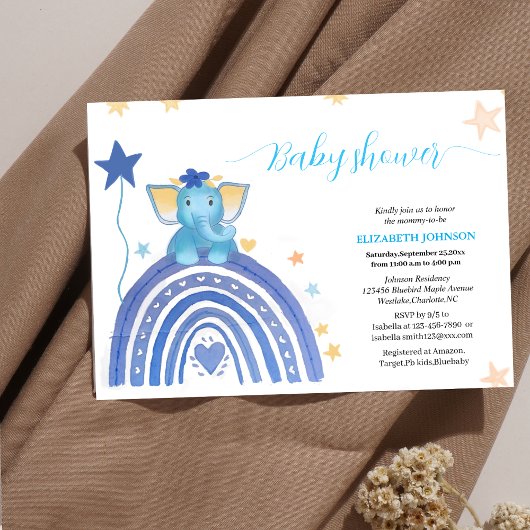 niedlicher Baby-Blue-Elefant mit Regenbogen-Babydu Einladung