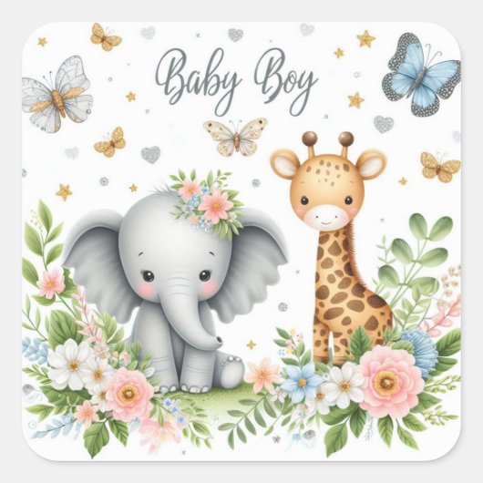 Niedlicher Baby Boy Elephant und Giraffe mit Blume Quadratischer Aufkleber (Vorderseite)