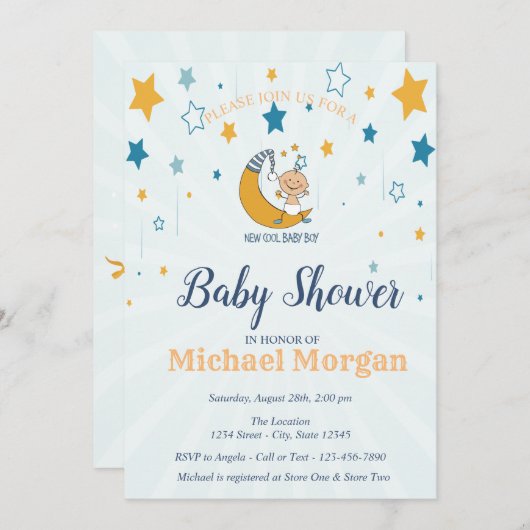 Niedlicher Baby Boy, Stars Babydusche Einladung (Vorne/Hinten)