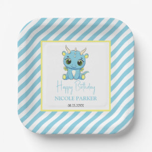 Niedlicher Baby Dragon Blue Stripes Geburtstag Pappteller