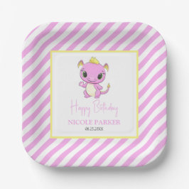 Niedlicher Baby Dragon Pink Stripes Geburtstag Pappteller