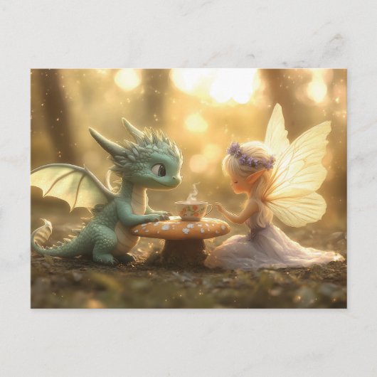 Niedlicher Baby Dragon und Fee Genuss Tee Postkarte (Vorderseite)