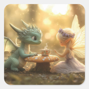 Niedlicher Baby Dragon und Fee Genuss Tee Quadratischer Aufkleber