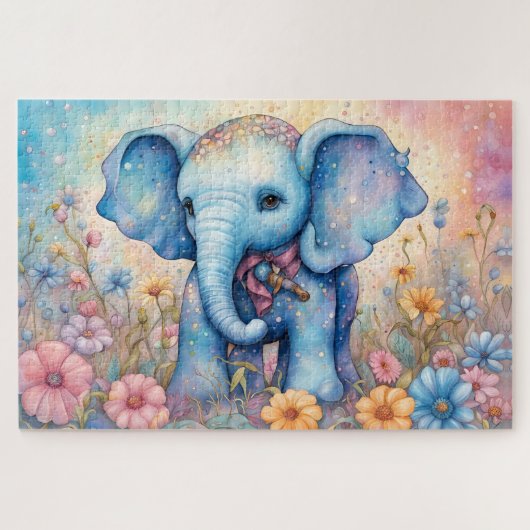 Niedlicher Baby Elefant in einem Pastel Daisy Gard Puzzle (Horizontal)
