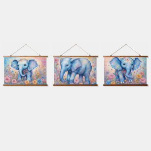 Niedlicher Baby Elefant in einem Pastel Daisy Gard Wandteppich Mit Holzrahmen
