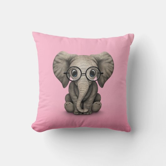 Niedlicher Baby-Elefant mit Leseglas-Rosa Kissen (Vorderseite)