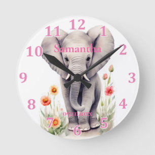 Niedlicher Baby-Elefant Pastell-Aquarell-Frühlings Runde Wanduhr