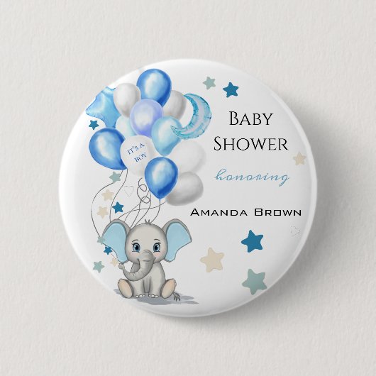 Niedlicher Baby Elephant mit Balloons Boy Baby Dus Button (Vorderseite)