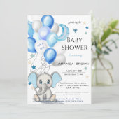 Niedlicher Baby Elephant mit Balloons Boy Baby Dus Einladung (Stehend Vorderseite)