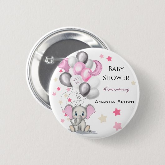 Niedlicher Baby Elephant mit Balloons Girl Baby Sh Button (Vorne & Hinten)