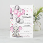 Niedlicher Baby Elephant mit Balloons Girl Baby Sh Einladung (Stehend Vorderseite)