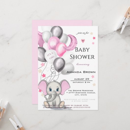 Niedlicher Baby Elephant mit Balloons Girl Baby Sh Einladung (Vorderseite/Rückseite Beispiel)
