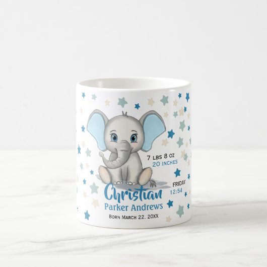Niedlicher Baby Elephant mit Blue Oars Boy Geburts Kaffeetasse (Mittel)