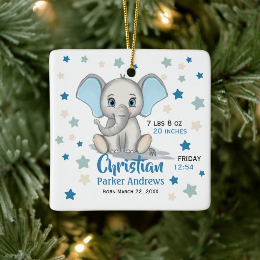 Niedlicher Baby Elephant mit Blue Oars Boy Geburts Keramikornament (Baum)