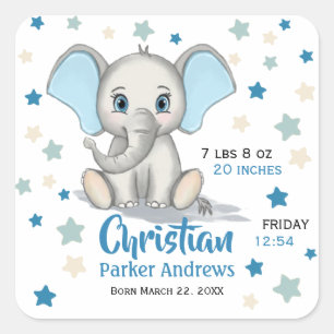 Niedlicher Baby Elephant mit Blue Oars Boy Geburts Quadratischer Aufkleber