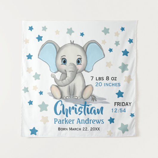 Niedlicher Baby Elephant mit Blue Oars Boy Geburts Wandteppich (Vorderseite)