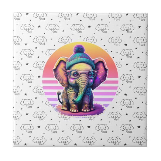 Niedlicher Baby Elephant mit Brille und Beanie Fliese (Vorderseite)