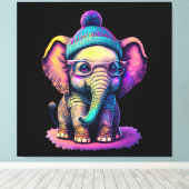 Niedlicher Baby Elephant mit Brille und Beanie Leinwanddruck (Insitu (Holzboden))