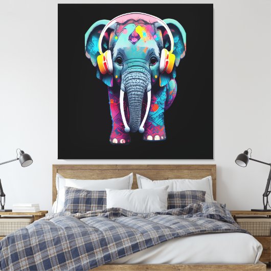 Niedlicher Baby Elephant mit Kopfhörern Leinwanddruck (Insitu (Schlafzimmer))