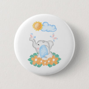 Niedlicher Baby Elephant mit orangefarbenen Blume Button