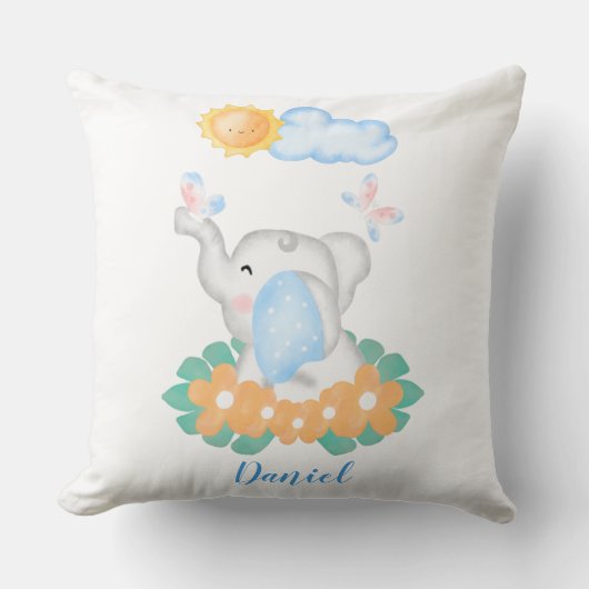 Niedlicher Baby Elephant mit orangefarbenen Blume  Kissen (Vorderseite)