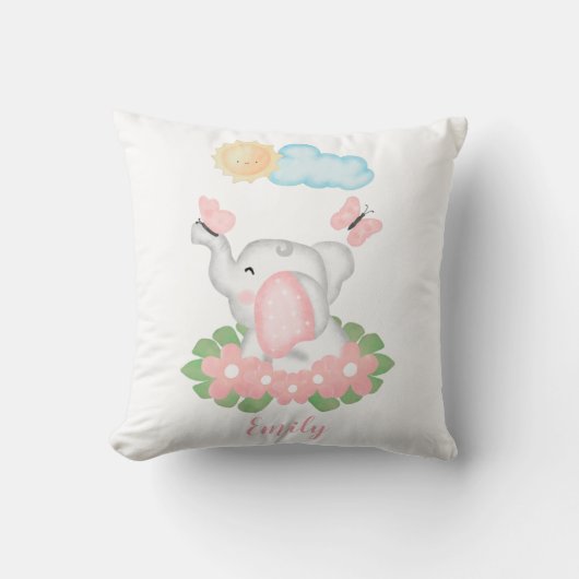 Niedlicher Baby Elephant mit rosa Blume Kissen (Vorderseite)