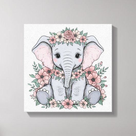 Niedlicher Baby Elephant mit rosa Blume Leinwanddruck (Vorderseite)