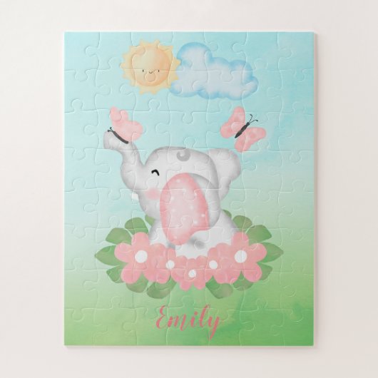 Niedlicher Baby Elephant mit rosa Blume Puzzle (Vertikal)