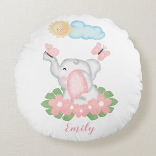 Niedlicher Baby Elephant mit rosa Blume  Rundes Kissen