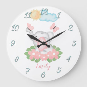 Niedlicher Baby Elephant mit rosa Blume Wall Clock Große Wanduhr